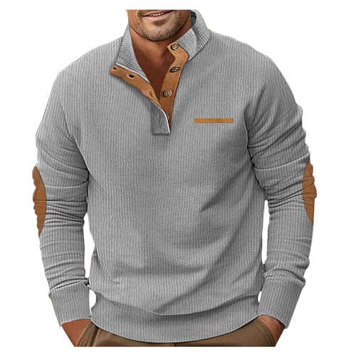 Pullover Herren Cord Sweatshirt Waffel Herbst Winter Men's Sweatshirt Ohne Kapuze Langärmeliges Mit 1/4 Knopf Kragen Ellenbogen Patches Arbeitspullover Lässiger Pulli Streetwear Für Männer Stehkragen von Generic