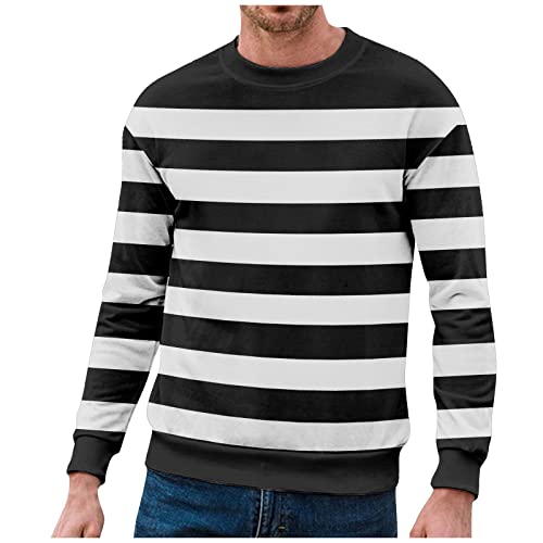 Pullover Herren Gestreiftes Kontrast Langarm Shirt Long Sleeve Wärme Basic mit Rundhals Mode Kleidung Langarmshirts Herren Pullover Herren ohne Kapuze Hemd Herren Langarm Schwarz 3XL von Generic