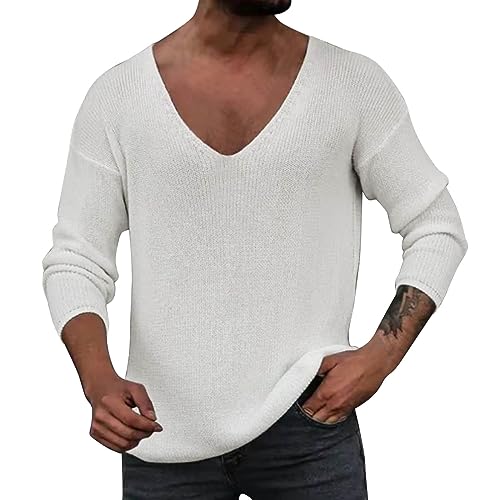 Pullover Herren Strickpullover - Basic Strickpullover mit V-Ausschnitt Basic Rollkragenshirt Langarm Kapuzenpullover Knitwear Meliert Strickpullover Normal geschnitten Sweater Männer von Generic