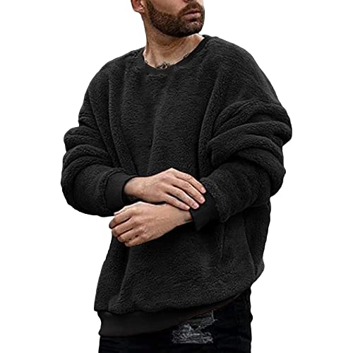 Pullover Herren Teddy Fleece Sweatshirt Basic Langarm Rundhals Sweat Kuschlige Sweater für kalte Tage (Schwarz, XXL) von Generic