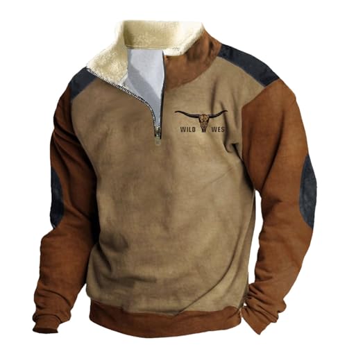 Pullover Herren ohne Kapuze Mens 1/4 Zip Cowboy Pullover Vintage Western Langarm Lässige Stehkragen Sweatshirts Mode Tops Maufgedrucktem Muster Sweatshirt mit Taschen Casual Langarmshirts von Generic
