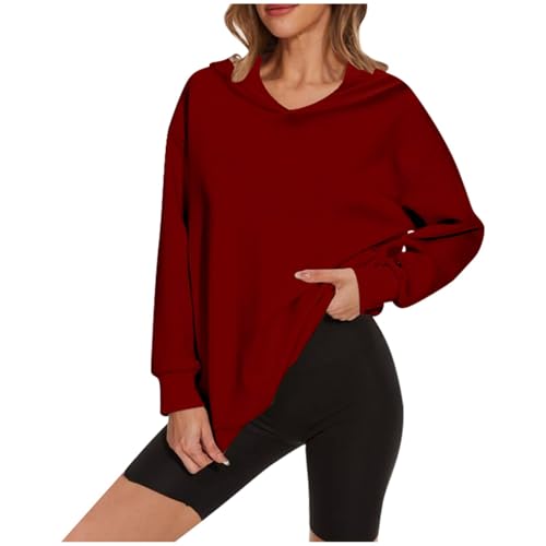 Pullover Hoodie Dünn Damen- Kapuzenshirt Frauen Langarmshirt-Pulli Langarm mit Kapuze Große Größen V Ausschnitt Lässige Oberteile Oversize T Shirt Basic Warm Sweatshirt Herbst Winter von Generic