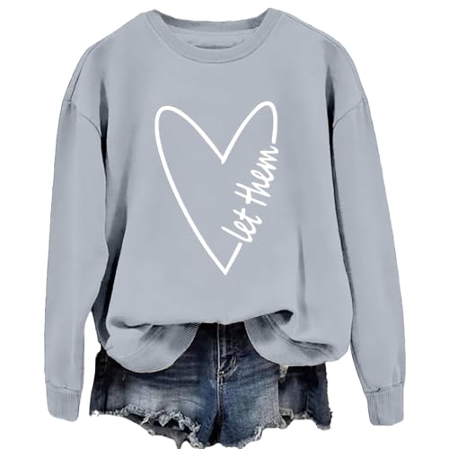 Pullover Oversize Damen Women's Sweatshirt Let Them Inspiring Letter Print Long Sleeve Crew Neck Graphic Pullover Top Casual Shirt Schmal Sportpullover Damen Langarm (Grey, M) von Generic