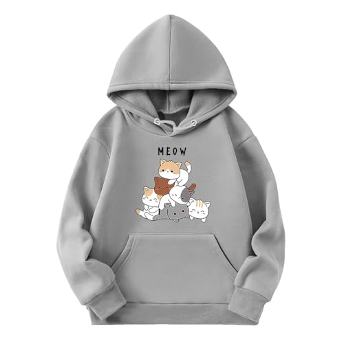 Pullover Teenager Mädchen Hoodie Niedlicher Katzen-Druck Lässig Locker Kapuzenpullover Frühling Herbst Langarm Pullover Sweatshirt mit Kapuzen Langarmshirt Oberteile für 3-14 Jahre von Generic