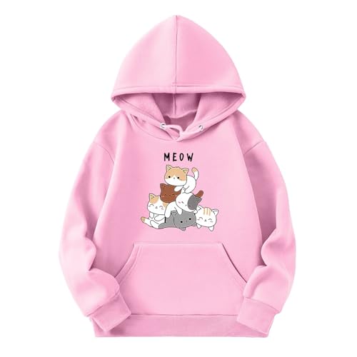 Pullover Teenager Mädchen Hoodie Niedlicher Katzen-Druck Lässig Locker Kapuzenpullover Frühling Herbst Langarm Pullover Sweatshirt mit Kapuzen Langarmshirt Oberteile für 3-14 Jahre von Generic