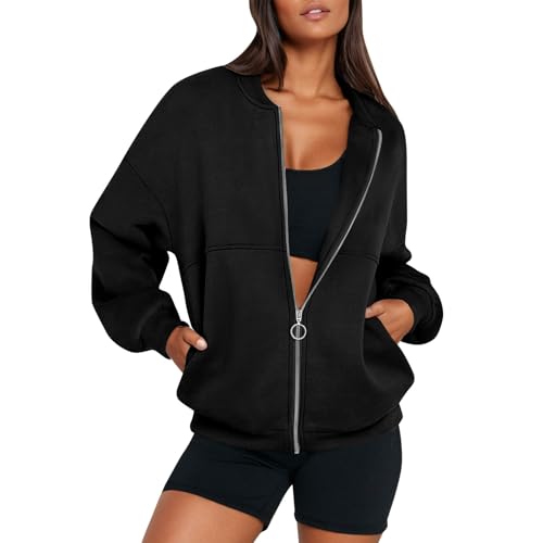 Pullover für Damen Y2K Blouson Hoodie Oversize Sportbekleidung Sweatshirt Langarm Streetwear Einfarbig Jacken mit Tasche Sweatjacke Damen Ohne Kapuze Trainingsjacke L Black von Generic