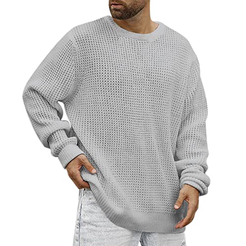 Pullover für Herren Einfarbig Baggy Strickpullover Mode Rundhals Feinstrick Sweater Lässiger Soft Pullover Langarmshirt Oberteile Herbst Winter Warm Sweatshirt Saumschlitz (Grey, XL) von Generic