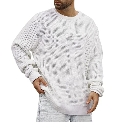 Pullover für Herren Einfarbig Baggy Strickpullover Mode Rundhals Feinstrick Sweater Lässiger Soft Pullover Langarmshirt Oberteile Herbst Winter Warm Sweatshirt Saumschlitz (White, M) von Generic