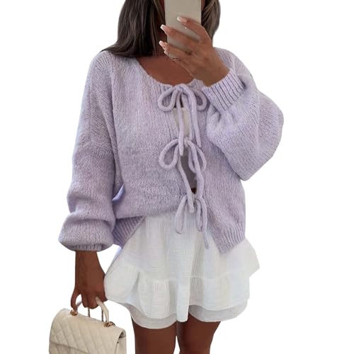 Pullover & Strickjacken Für Damen,Damen Strickjacke Elegante Langarm Strick Oberteil Open Front Cardigan Mit Knoten Strickpullover Herbst Strickmantel Französisch Outfit（01-Lila,M） von Generic