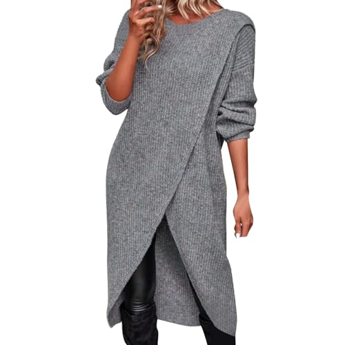 Pulloverkleid Damen Elegant Winterkleid Strick Midi Langarm Winter Pullikleid Knielang Strickkleid Lässig Lockerer Strickpullover Asymmetrisches Sweatkleid von Generic