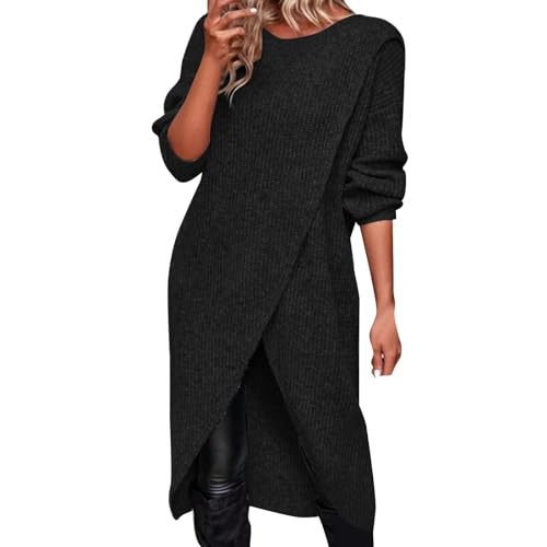 Pulloverkleid Damen Elegant Winterkleid Strick Midi Langarm Winter Pullikleid Knielang Strickkleid Lässig Lockerer Strickpullover Asymmetrisches Sweatkleid von Generic