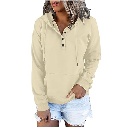 Pulloverkleid Damen -Top-Shirt mit Kapuze, langärmelig, lässiges Sweatshirt, Pullover-Sweatshirt mit Tasche Neon Pullover Damen (Beige, L) von Generic