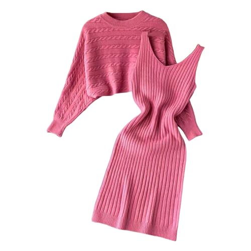 Pulloverkleider für Damen 2023 Trendiger 2-teiliger Cropped-Pullover mit Stehkragen und figurbetonten Midi-Kleidern, passende Sets, hot pink, Einheitsgröße von Generic