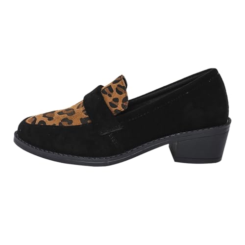Pumps Damen Blockabsatz Klassische Kleid Büro Mokassin Hochzeit Täglich 𝗣𝐚rty Kleid 𝐏enny Loafer Block Heels Schuhe Damen Leopard Print Pointed Toe Metallkette Pumps (Black, 43) von Generic