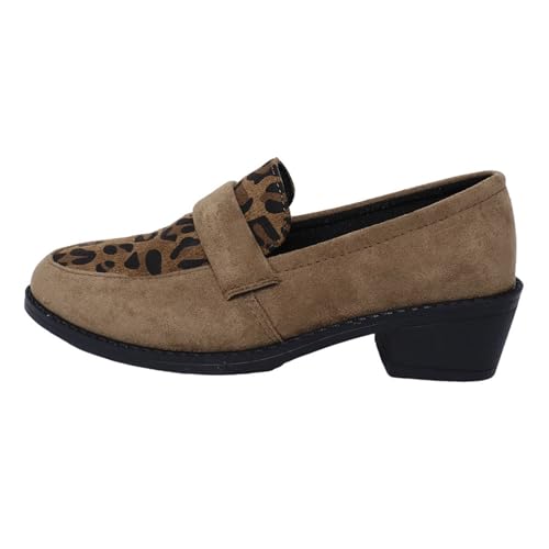 Pumps Damen Blockabsatz Klassische Kleid Büro Mokassin Hochzeit Täglich 𝗣𝐚rty Kleid 𝐏enny Loafer Block Heels Schuhe Damen Leopard Print Pointed Toe Metallkette Pumps (Khaki, 41) von Generic