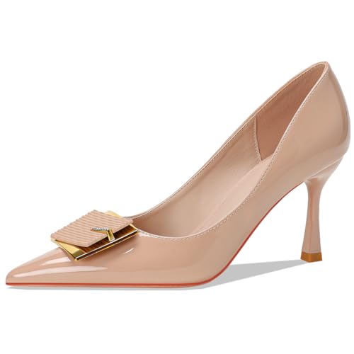 Pumps Damen Lackleder Spitze Zehen Stadt Schuhe Quadratische Schnalle Antirutschsohle Stilettoabsatze Schlupfer Fur Hochzeit Buro Freizeit Alltag,Nude（Heel:10cm）,41 EU von Qynthra