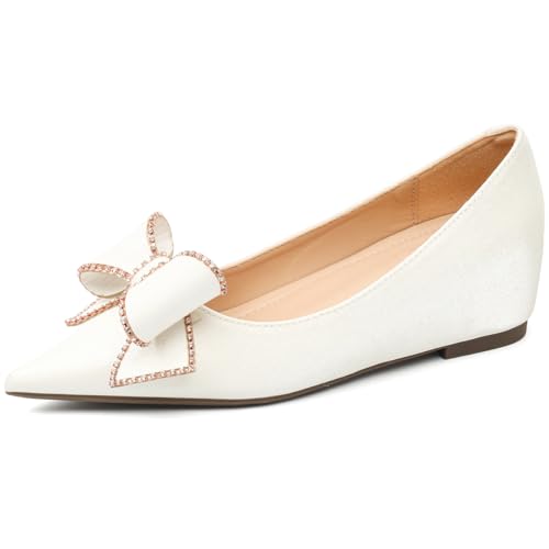 Pumps Damen Spitz Zehen Ballettschuhe Mit Verstecktem Keilabsatz Und Schleife Schlupf Pumps Satin Keilabsatz Hochzeits Abendschuhe Formell Für Büro Und Tägliches Tragen,Weiß,42 EU von MiaZane