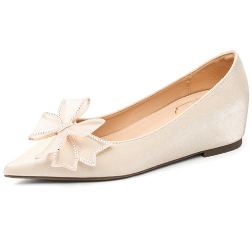 Pumps Damen Spitz Zehen Ballettschuhe Versteckter Keil Mit Schleife Schlupf Pumps Satin Keilabsatz Hochzeits Abendschuhe Für Arbeit Und Tägliches Tragen,Apricot,37 EU von MiaZane