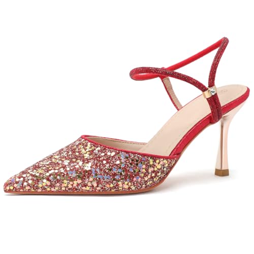 Pumps Damen Spitze Geschlossen Strass Silber 2-Tragen-Stil für Hochzeit Party Abend Formeller Anlass,Rot,40 EU Pumps Damen Spitze Geschlossen Strass Silber 2-Tragen-Stil für Hochzeit Party Abend Formeller Anlass,Rot,40 EU von Qynthra