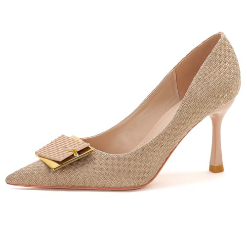 Pumps Damen Spitze Leinenschuhe mit Quadrat-Schnalle Rutschfester Gummisohle Schlupf-Stöckelschuhe für Hochzeit Büro Freizeit Täglichen Gebrauch,Apricot,43 EU von Qynthra