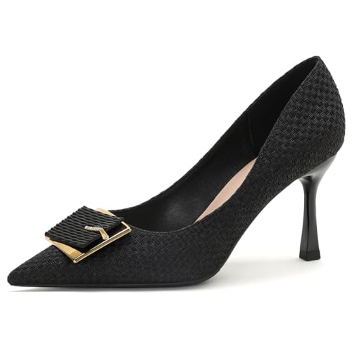 Pumps Damen Spitze Leinenschuhe mit Quadrat-Schnalle Rutschfester Gummisohle Schlupf-Stöckelschuhe für Hochzeit Büro Freizeit Täglichen Gebrauch,Schwarz,37 EU von Qynthra
