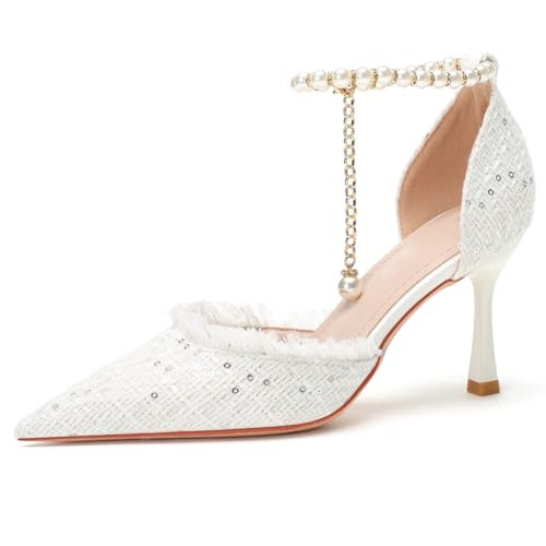 Pumps Damen Spitze Strass Perlenband Atmungsaktive Baumwolle Peep-Toe Stiletto Brautschuhe Sandalen für Sommer Cocktailparty Elegant,Weiß,38 EU von Generic
