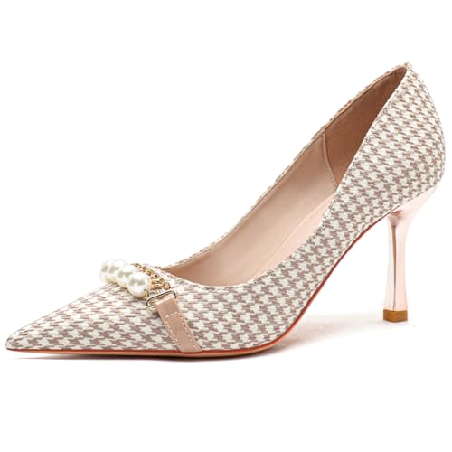 Pumps Damen Spitze Zehen Baumwollstoff Court Schuhe Knöchelriemen Hahnentritt Perlenknopf Schlanker Absatz Abendschuhe Bankett Abendessen Party,Apricot,37 EU Pumps Damen Spitze Zehen Baumwollstoff Court Schuhe Knöchelriemen Hahnentritt Perlenknopf Schlanker Absatz Abendschuhe Bankett Abendessen Party,Apricot,37 EU von Qynthra