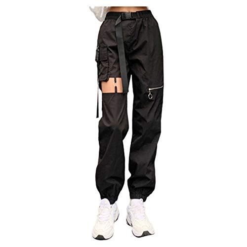 Punk Kleidung Damen Cargo Hosen Damen Cargohose Lang Punk Clothes High Waist Cut Out Cargohosen mit Reißverschluss Hiphop Punk Pants Jogger Sport Jogginghose Freizeithose für Frauen Mädchen von Generic