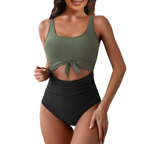 Push Up Badeanzug, Damen Badeanzug Push Up Cutout Knoten Bauchkontrolle Bademode schlankmachender Farbblock Monokini mit Softpads Army Green L von Generic