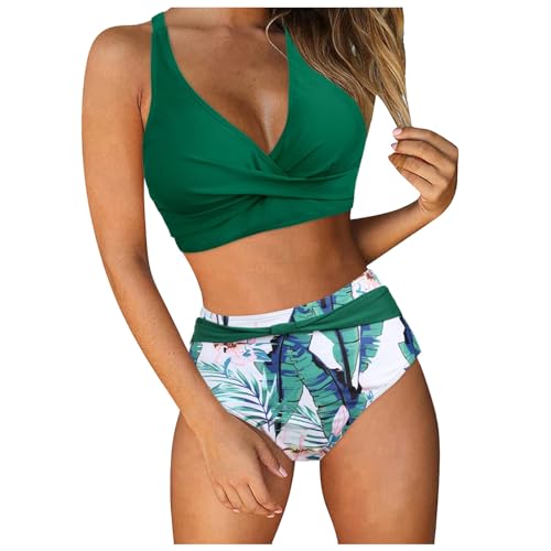 Push Up Bikini Damen Bauchweg - Crossback Bikini Damen Set High Waist Blumen Bikini Oberteil und Bikinihose Bikini-Sets Bauch Weg Bademode Wickeloptik Bikinis mit Cups Zweiteiliger Badeanzug Swimsuit von Generic