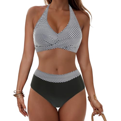 Push Up Bikini Damen Bauchweg - Neckholder Bikini Damen Set High Waist Blumen Bikini Oberteil und Bikinihose Bikini-Sets Bauch Weg Bademode Wickeloptik Bikinis mit Cups Zweiteiliger Badeanzug Swimsuit von Generic