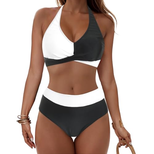Push Up Bikini Damen Bauchweg - Neckholder Bikini Damen Set High Waist Blumen Bikini Oberteil und Bikinihose Bikini-Sets Bauch Weg Bademode Wickeloptik Bikinis mit Cups Zweiteiliger Badeanzug Swimsuit von Generic