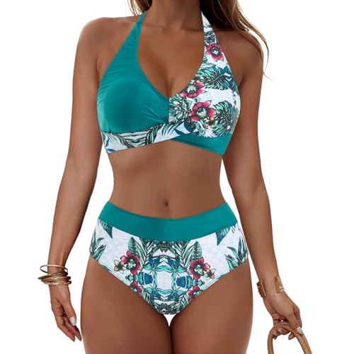 Push Up Bikini Damen Bauchweg - Neckholder Bikini Damen Set High Waist Blumen Bikini Oberteil und Bikinihose Bikini-Sets Bauch Weg Bademode Wickeloptik Bikinis mit Cups Zweiteiliger Badeanzug Swimsuit von Generic