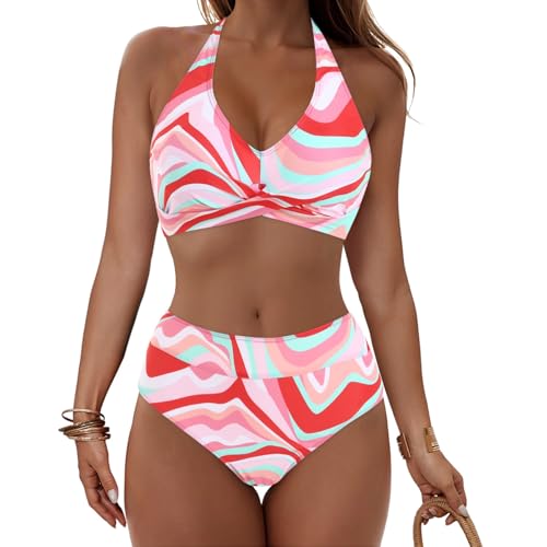 Push Up Bikini Damen Bauchweg - Neckholder Bikini Damen Set High Waist Blumen Bikini Oberteil und Bikinihose Bikini-Sets Bauch Weg Bademode Wickeloptik Bikinis mit Cups Zweiteiliger Badeanzug Swimsuit von Generic