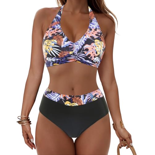 Push Up Bikini Damen Bauchweg - Neckholder Bikini Damen Set High Waist Blumen Bikini Oberteil und Bikinihose Bikini-Sets Bauch Weg Bademode Wickeloptik Bikinis mit Cups Zweiteiliger Badeanzug Swimsuit von Generic