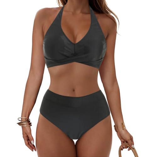 Push Up Bikini Damen Bauchweg - Neckholder Bikini Damen Set High Waist Blumen Bikini Oberteil und Bikinihose Bikini-Sets Bauch Weg Bademode Wickeloptik Bikinis mit Cups Zweiteiliger Badeanzug Swimsuit von Generic