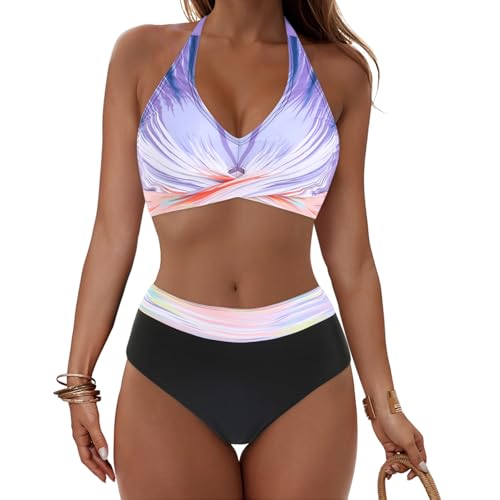 Push Up Bikini Damen Bauchweg - Neckholder Bikini Damen Set High Waist Blumen Bikini Oberteil und Bikinihose Bikini-Sets Bauch Weg Bademode Wickeloptik Bikinis mit Cups Zweiteiliger Badeanzug Swimsuit von Generic