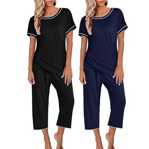 Pyjama Damen 2er-Pack: Damen-Pyjamas, kurzärmelige Nachtwäsche, Oberteile und Capri-Hosen, Bedruckte Pyjama-Sets mit Taschen, Pyjama-Anzug Schlafanzug Baumwolle Damen Sleepshirt Damenarm (Black, XL) Pyjama Damen 2er-Pack: Damen-Pyjamas, kurzärmelige Nachtwäsche, Oberteile und Capri-Hosen, Bedruckte Pyjama-Sets mit Taschen, Pyjama-Anzug Schlafanzug Baumwolle Damen Sleepshirt Damenarm (Black, XL) von Generic