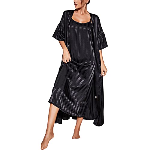 Pyjama Damen Set Sexy Lang, Leicht Pyjama Set Robe Schlafkleid Elegantes 2 Teilige Hausmantel Seide V-Ausschnitt Still Nachthemd Kuschelig Satin Pyjama Pajama Party Japanisch Damen Nachthemd Pyj von Generic