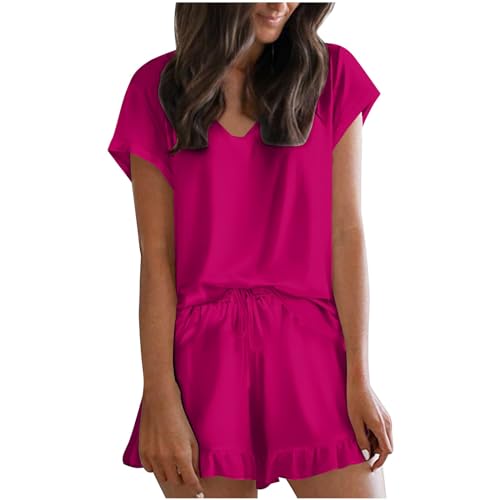 Pyjama Damen Sommer Zweiteiliger Sleepwear Hausanzug Und Hosev-Ausschnitt Pyjamas Kurzarm Sleepshirt Mit Knöpfe Tops Und Shorts Set Sommer Loungewear Streetwear Pyjama Damen Sommer von Generic