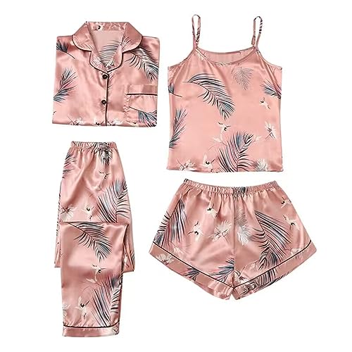 Pyjama Set Damen Kurz Satin, Kurz Seidenrobe Süß Bademäntel Bequemes 4-Stück Hausanzug Mit Schärpen Tiefer V-Ausschnitt Bodysuit Solid Pjs Sets Winter Loungewear Für Frauen Große Größen von Generic