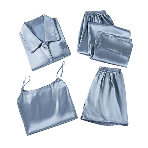 Pyjama Set Damen Kurz Satin, Kurz Seidenrobe Süß Bademäntel Bequemes 4-Stück Hausanzug Mit Schärpen Tiefer V-Ausschnitt Bodysuit Solid Pjs Sets Winter Loungewear Für Frauen Große Größen von Generic