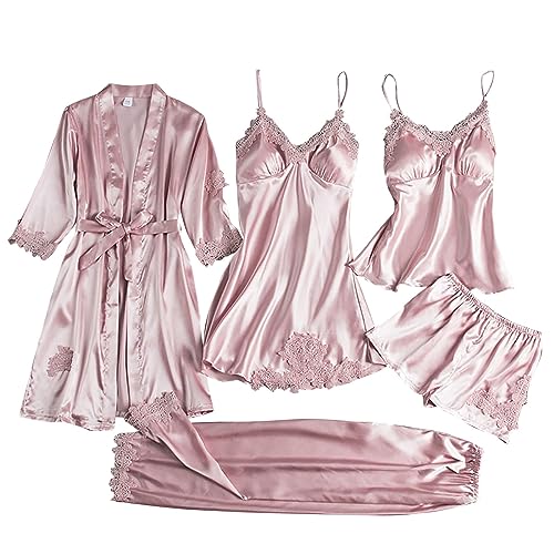 Pyjama Set Damen Kurz Satin, Sexy Morgenmantel Braut Bademäntel Lounge 5-Teiliges Hausmantel Kurze Hosen Deep-V Neck Mit Robe Home Suit Einfarbig Pajamas Set Sommer Damen Nachthemd Pyj von Generic