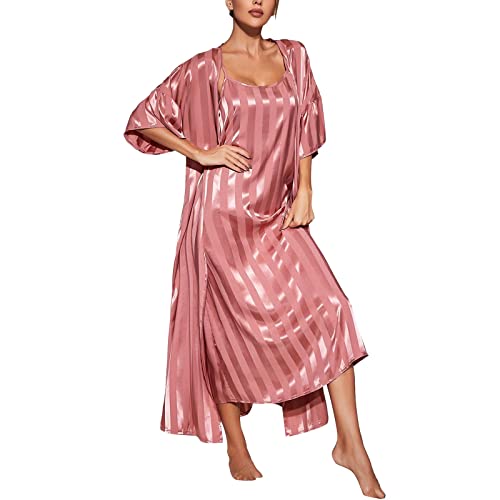 Pyjama Set Damen Lang Satin, Süß Schlafkleid Seide Morgenmantel Blickdicht 2er Pack Satin Pyjama Aus Eisseide Deep-V Neck Home Suit Kuschel Unterkleid Hochzeit Bride Damen Nachthemd Pyj von Generic