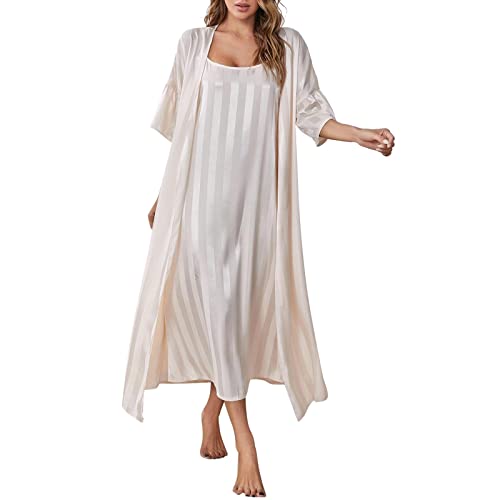 Pyjama Set Damen Lang Satin, Süß Schlafkleid Seide Morgenmantel Blickdicht 2er Pack Satin Pyjama Aus Eisseide Deep-V Neck Home Suit Kuschel Unterkleid Hochzeit Bride Damen Nachthemd Pyj von Generic