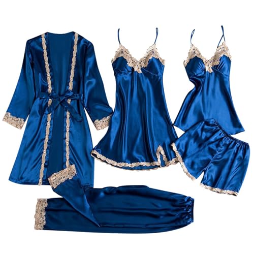 Pyjama Set Damen Satin Schlafanzug 5 Teile Outfits Hausanzug Set Spitze Robe Kleid Nachthemd mit integriertem BH Pyjamashose Shorts Loungewear Schlafanzüge von Generic