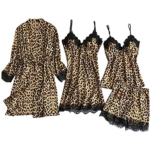 Pyjama Set Damen Satin Schlafanzug Set Lang Leopard Große Größen Bademantel Satin Nachthemd Leicht Bademantel Sauna Lang Morgenmantel Mit Nachthemd Zweiteiliger V-Ausschnitt Loungewear von Generic