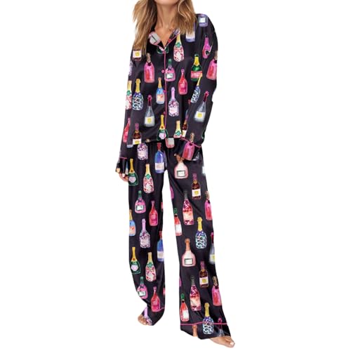 Pyjama Set für Frauen Romantische Weinflaschen Print Langarm Revers Knopf Hemd mit Hose Holiday Loungewear Homewear Sleepwear (Black, M) von Generic