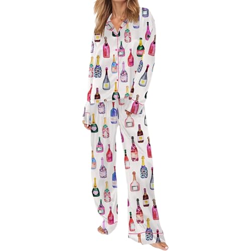 Pyjama Set für Frauen Romantische Weinflaschen Print Langarm Revers Knopf Hemd mit Hose Holiday Loungewear Homewear Sleepwear (White, S) von Generic