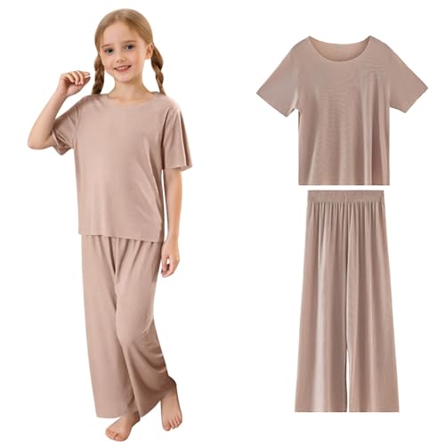 Pyjama Set für Mädchen 4-15 Jahre Kurzarm Ärmel Casual Nachtwäsche Eisseide Loungewear Set Tops Hosen Sommer von Generic